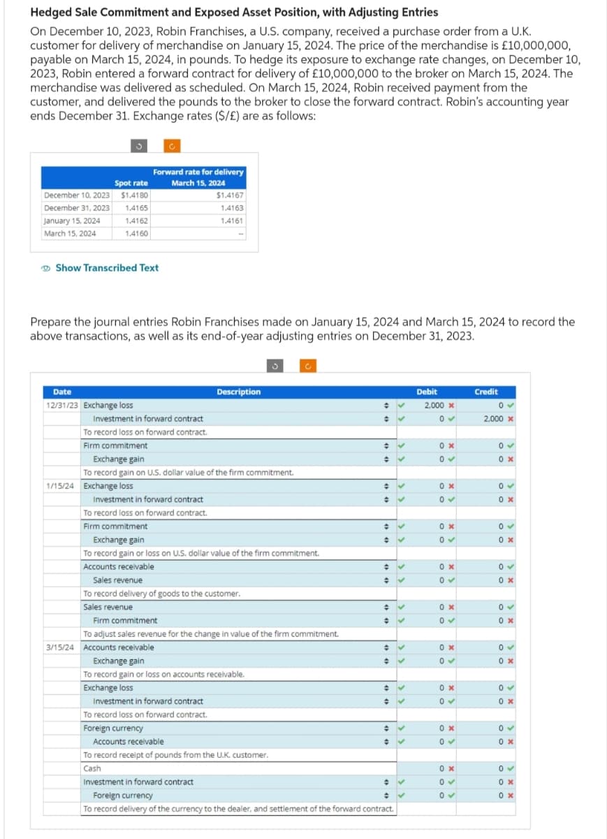 Hedged Sale Commitment and Exposed Asset Position, with Adjusting Entries
On December 10, 2023, Robin Franchises, a U.S. company, received a purchase order from a U.K.
customer for delivery of merchandise on January 15, 2024. The price of the merchandise is £10,000,000,
payable on March 15, 2024, in pounds. To hedge its exposure to exchange rate changes, on December 10,
2023, Robin entered a forward contract for delivery of £10,000,000 to the broker on March 15, 2024. The
merchandise was delivered as scheduled. On March 15, 2024, Robin received payment from the
customer, and delivered the pounds to the broker to close the forward contract. Robin's accounting year
ends December 31. Exchange rates ($/£) are as follows:
December 10, 2023
December 31, 2023
January 15, 2024
March 15, 2024
Spot rate
$1.4180
3
1.4165
1,4162
1.4160
Show Transcribed Text
Date
12/31/23 Exchange loss
C
Forward rate for delivery
March 15, 2024
Prepare the journal entries Robin Franchises made on January 15, 2024 and March 15, 2024 to record the
above transactions, as well as its end-of-year adjusting entries on December 31, 2023.
1/15/24 Exchange loss
Investment in forward contract
To record loss on forward contract.
Firm commitment
$1.4167
1.4163
1.4161
Investment in forward contract
To record loss on forward contract.
Firm commitment
Exchange gain
To record gain on U.S. dollar value of the firm commitment.
Description
Exchange gain
To record gain or loss on U.S. dollar value of the firm commitment.
Accounts receivable
Sales revenue
To record delivery of goods to the customer.
Sales revenue
Investment in forward contract
To record loss on forward contract.
Foreign currency
3
Firm commitment
To adjust sales revenue for the change in value of the firm commitment.
3/15/24 Accounts receivable
Exchange gain
To record gain or loss on accounts receivable.
Exchange loss
Accounts receivable
To record receipt of pounds from the U.K. customer.
Cash
+
÷
+ ✓
↑
✓
÷ ✓
÷ ✓
# V
+
✓
+
수
✓
✓
÷
✓
+ ✓
+ ✓
+ ✓
Investment in forward contract
Foreign currency
To record delivery of the currency to the dealer, and settlement of the forward contract.
# ✓
→
✓
+
+
✓
Debit
2,000 x
0✔
ox
0✓
0x
0✓
0x
0✓
0x
0✓
0x
0✓
0x
0✓
0x
0✓
0x
0✓
0x
0✔
0✓
Credit
0✓
2.000 x
0✓
0x
0✓
0x
0✓
0 x
0
0x
0✓
0x
0✓
0x
0✓
0x
0✓
0x
0✓
0x
0x