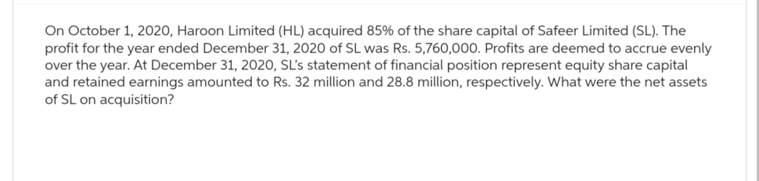 On October 1, 2020, Haroon Limited (HL) acquired 85% of the share capital of Safeer Limited (SL). The
profit for the year ended December 31, 2020 of SL was Rs. 5,760,000. Profits are deemed to accrue evenly
over the year. At December 31, 2020, SL's statement of financial position represent equity share capital
and retained earnings amounted to Rs. 32 million and 28.8 million, respectively. What were the net assets
of SL on acquisition?