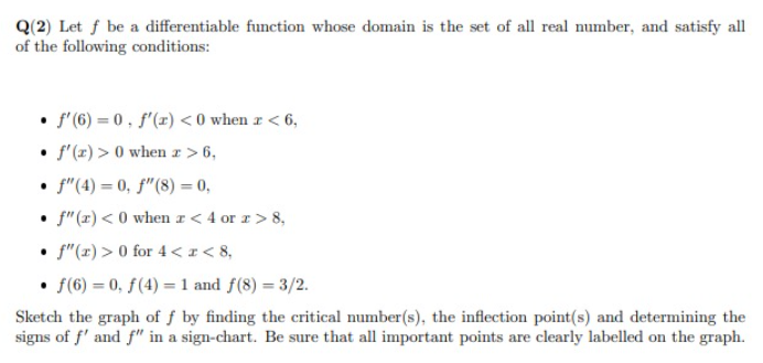 Q(2) Let f be a differentiable function whose domain is the set of all real number, and satisfy all
of the following conditions:
• f (6) = 0 , f'(x) <0 when r < 6,
• f'(x) > 0 when z > 6,
• f"(4) = 0, f"(8) = 0,
• f"(x) < 0 when a< 4 or r> 8,
• f"(x) > 0 for 4 < x < 8,
• f(6) = 0, f(4) = 1 and f(8) = 3/2.
Sketch the graph of f by finding the critical number(s), the inflection point(s) and determining the
signs of f' and f" in a sign-chart. Be sure that all important points are clearly labelled on the graph.
