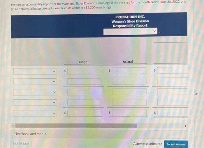 Prepare a responsibility report for the Women's Shoes Division assuming (1) the data are for the month ended June 30, 2022, and
(2) all data equal budget except variable costs which are $5,200 over budget.
eTextbook and Medial
Save for Later
$
Budget
$
$
PRONGHORN INC.
Women's Shoe Division
Responsibility Report
Actual
$
Attempts: unlimited Submit Answer