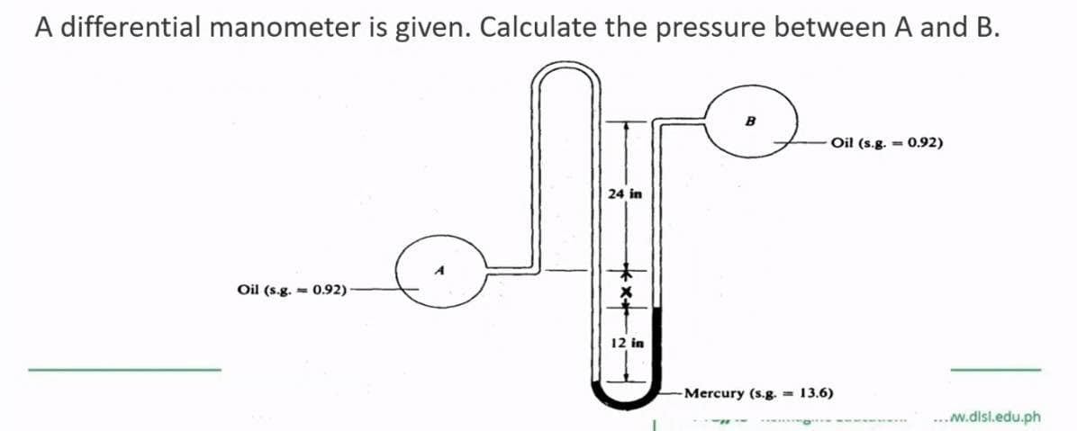 A differential manometer is given. Calculate the pressure between A and B.
Oil (s.g. 0.92)
24 in
+*+
12 in
Oil (s.g. 0.92)
Mercury (s.g. = 13.6)
...w.disl.edu.ph