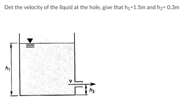 Det the velocity of the liquid at the hole, give that h₁=1.5m and h₂= 0.3m
h₁