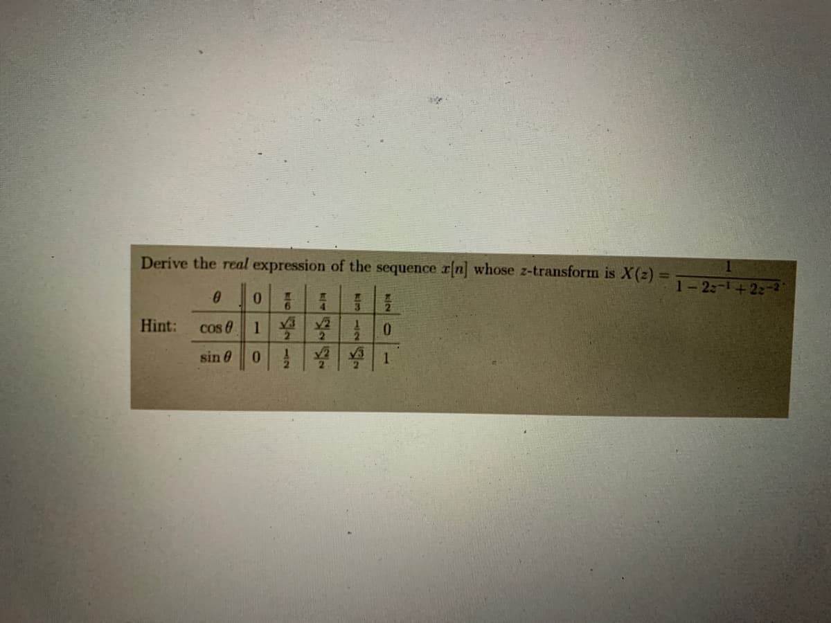 Derive the real expression of the sequence r[n] whose z-transform is X(2)
0
Hint:
0
cos
1
sin 0 0
2
2
ES
√2
2
√2
2
√3
2
0
1.
1-22-1+22-2