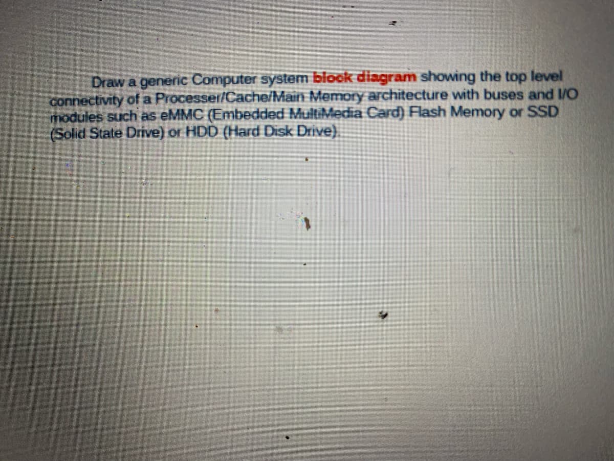 Draw a generic Computer system block diagram showing the top level
connectivity of a Processer/Cache/Main Memory architecture with buses and /O
modules such as eMMC (Embedded MultiMedia Card) Flash Memory or SSD
(Solid State Drive) or HDD (Hard Disk Drive).
