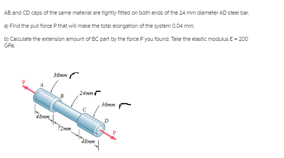 AB and CD caps of the same material are tightly fitted on both ends of the 24 mm diameter AD steel bar.
a) Find the pull force P that will make the total elongation of the system 0.04 mm.
b) Calculate the extension amount of BC part by the force P you found. Take the elastic modulus E = 200
GPa.
36mm
24mmr
36mm
48mm
D
28mm
