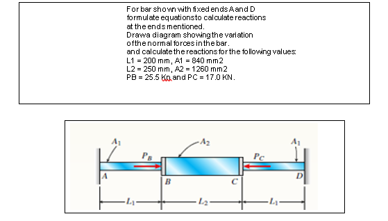 For bar shown with fixed endsAand D
formulate equationsto calculate reactions
at the ends mentioned.
Drawa diagram showing the variation
ofthenormal forces inthe bar.
and calculatethereactions for the following values
L1 = 200 mm, A1 = 840 mm2
L2 = 250 mm, A2 = 1260 mm2
PB = 25.5 Kp and PC = 17.0 KN.
B
