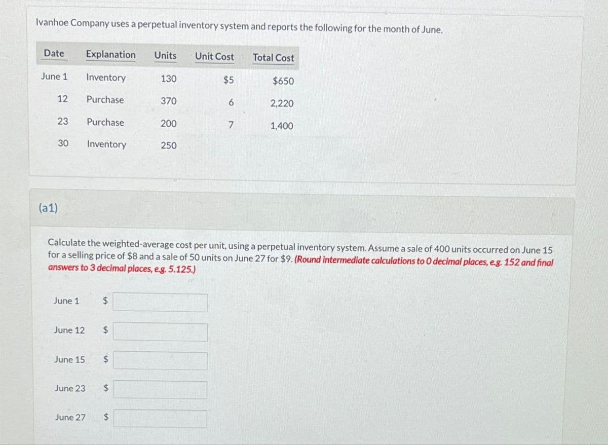 Ivanhoe Company uses a perpetual inventory system and reports the following for the month of June.
Date
Explanation Units
Unit Cost
Total Cost
June 1
Inventory
130
$5
$650
12
Purchase
370
6
2,220
23
Purchase
200
7
1,400
30
Inventory
250
(a1)
Calculate the weighted-average cost per unit, using a perpetual inventory system. Assume a sale of 400 units occurred on June 15
for a selling price of $8 and a sale of 50 units on June 27 for $9. (Round intermediate calculations to O decimal places, eg. 152 and final
answers to 3 decimal places, eg. 5.125.)
June 1
$
June 12
$
June 15
$
June 23
$
June 27
$