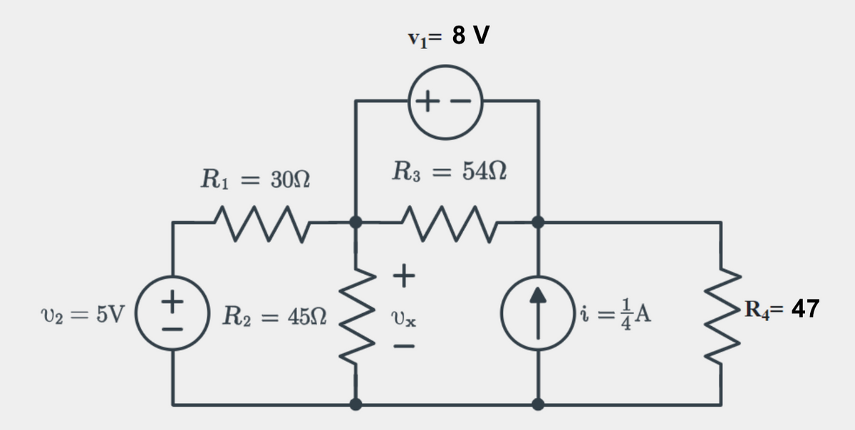 V2
U₂ = 5V
+I
R₁ = 300
R2
R₂ = 450
45Ω
V₁= 8 V
(+
R3 = 540
54Ω
www
+ 1
Ux
D ↑ ) i = 1/ A
R₁= 47