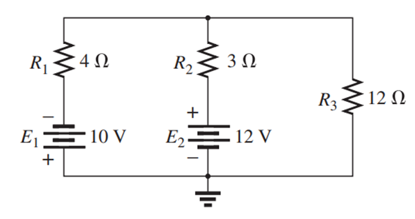 R₁
4Ω
E₁10 V
+
R₂
3 Ω
+
EΞ 12V
HI
R31
Μ
12 Ω