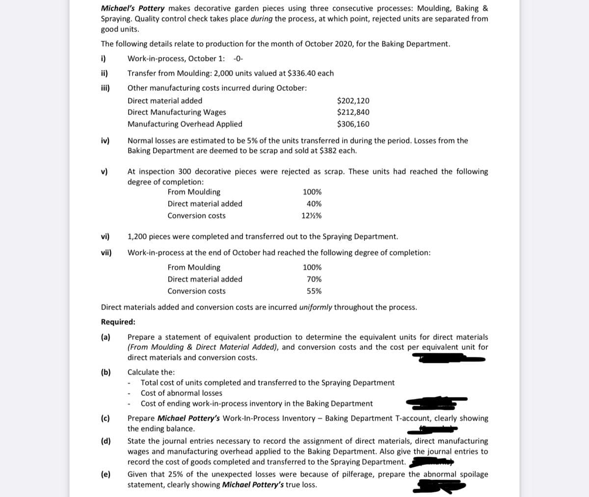 Michael's Pottery makes decorative garden pieces using three consecutive processes: Moulding, Baking &
Spraying. Quality control check takes place during the process, at which point, rejected units are separated from
good units.
The following details relate to production for the month of October 2020, for the Baking Department.
i)
Work-in-process, October 1: -0-
ii)
Transfer from Moulding: 2,000 units valued at $336.40 each
iii)
Other manufacturing costs incurred during October:
Direct material added
$202,120
Direct Manufacturing Wages
$212,840
Manufacturing Overhead Applied
$306,160
iv)
Normal losses are estimated to be 5% of the units transferred in during the period. Losses from the
Baking Department are deemed to be scrap and sold at $382 each.
v)
At inspection 300 decorative pieces were rejected as scrap. These units had reached the following
degree of completion:
From Moulding
100%
Direct material added
40%
Conversion costs
12%%
vi)
1,200 pieces were completed and transferred out to the Spraying Department.
vii)
Work-in-process at the end of October had reached the following degree of completion:
From Moulding
100%
Direct material added
70%
Conversion costs
55%
Direct materials added and conversion costs are incurred uniformly throughout the process.
Required:
(a)
Prepare a statement of equivalent production to determine the equivalent units for direct materials
(From Moulding & Direct Material Added), and conversion costs and the cost per equivalent unit for
direct materials and conversion costs.
(b)
Calculate the:
Total cost of units completed and transferred to the Spraying Department
Cost of abnormal losses
Cost of ending work-in-process inventory in the Baking Department
(c)
Prepare Michael Pottery's Work-In-Process Inventory - Baking Department T-account, clearly showing
the ending balance.
(d)
State the journal entries necessary to record the assignment of direct materials, direct manufacturing
wages and manufacturing overhead applied to the Baking Department. Also give the journal entries to
record the cost of goods completed and transferred to the Spraying Department.
(e)
Given that 25% of the unexpected losses were because of pilferage, prepare the abnormal spoilage
statement, clearly showing Michael Pottery's true loss.
