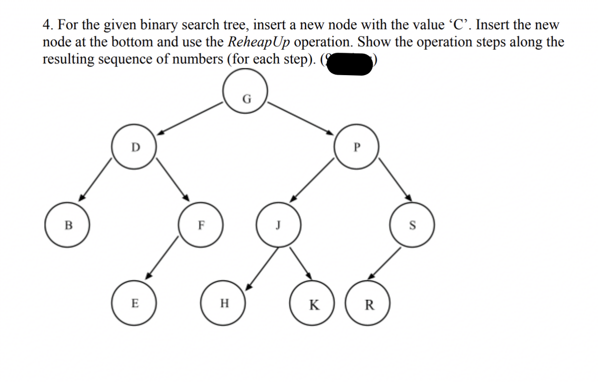 4. For the given binary search tree, insert a new node with the value ‘C'. Insert the new
node at the bottom and use the Reheap Up operation. Show the operation steps along the
resulting sequence of numbers (for each step).
B
E
H
G
K
R