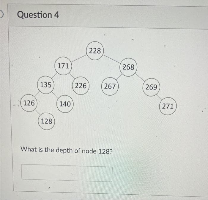 Question 4
126
135
128
171
140
226
228
267
What is the depth of node 128?
268
269
271