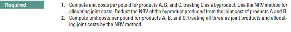 1. Compute unit costs per pound for products A, B, and C, treating Cas a byproduct. Use the NRV method for
allocating joint costs. Deduct the NRV of the byproduct produced from the joint cost of products A and B.
2. Compute unit costs per pound for products A, B, and C, treating all three as joint products and allocat-
ing joint costs by the NRV method.
Required
