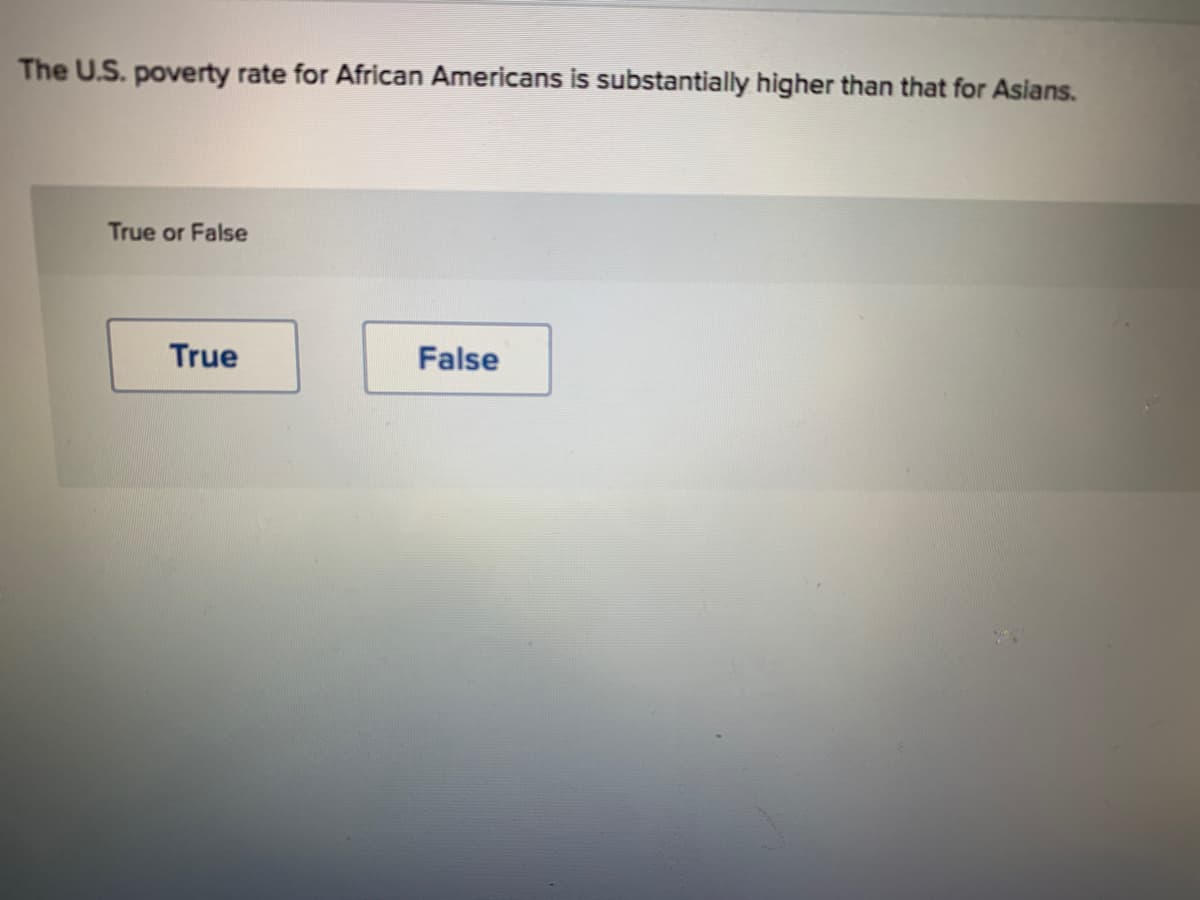 The U.S. poverty rate for African Americans is substantially higher than that for Asians.
True or False
True
False
