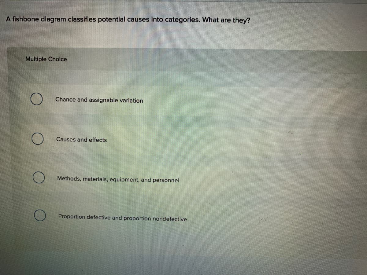 A fishbone diagram classifies potential causes into categories. What are they?
Multiple Choice
Chance and assignable variation
Causes and effects
Methods, materials, equipment, and personnel
Proportion defective and proportion nondefective
