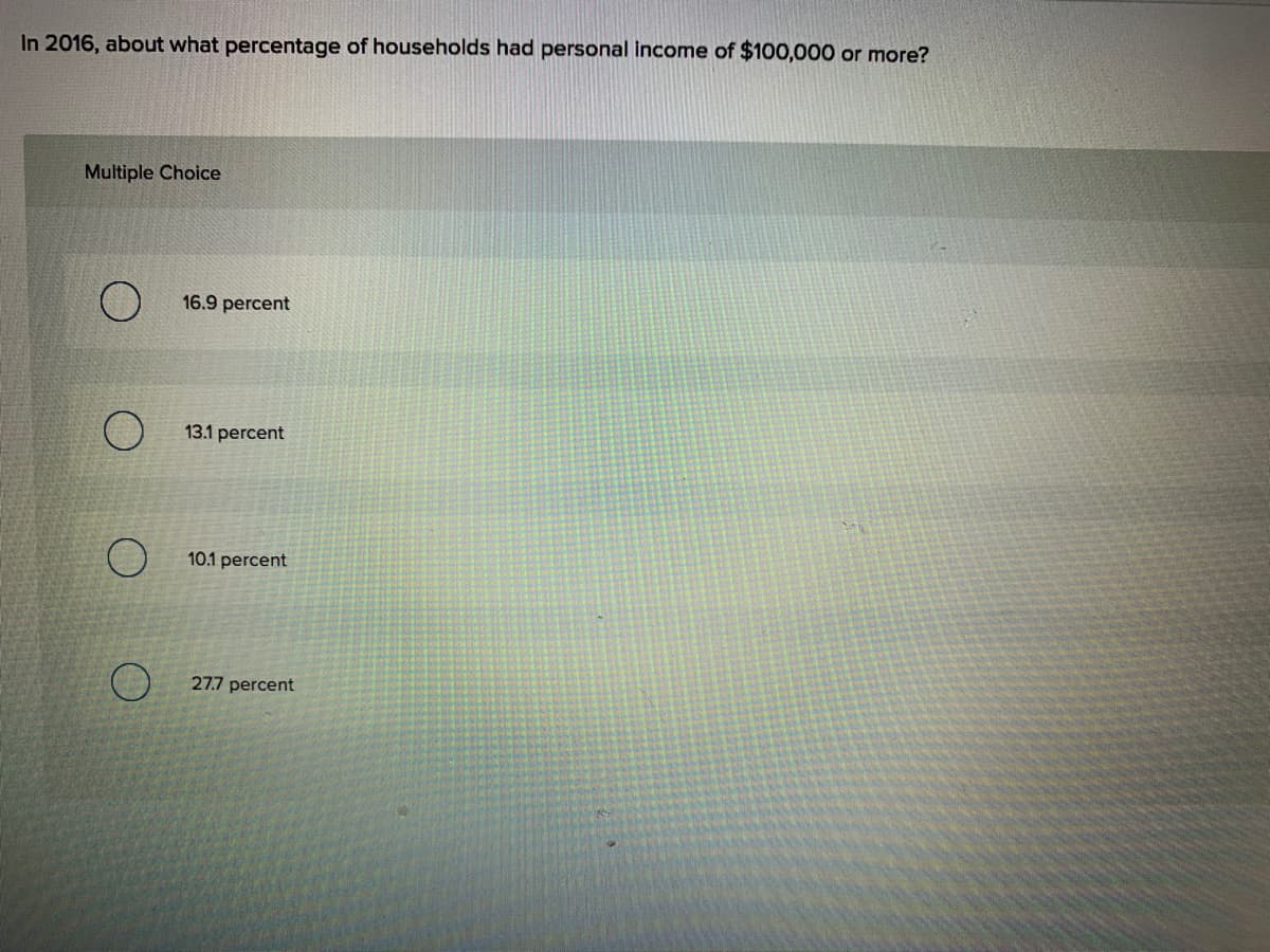 In 2016, about what percentage of households had personal income of $100,000 or more?
Multiple Choice
16.9 percent
13.1 percent
10.1 percent
27.7 percent
