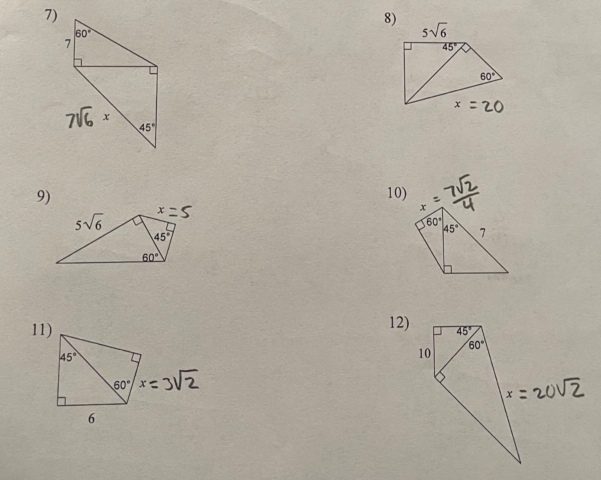 7)
9)
11)
7
60°
76
SVG
45°
6
X
45°
x S
45°
60°
60°/ x C
x 32
8)
10)
12)
56
=
10
45°
60%
× = 20
พร
45°
60°
45
7
60°
* = 202