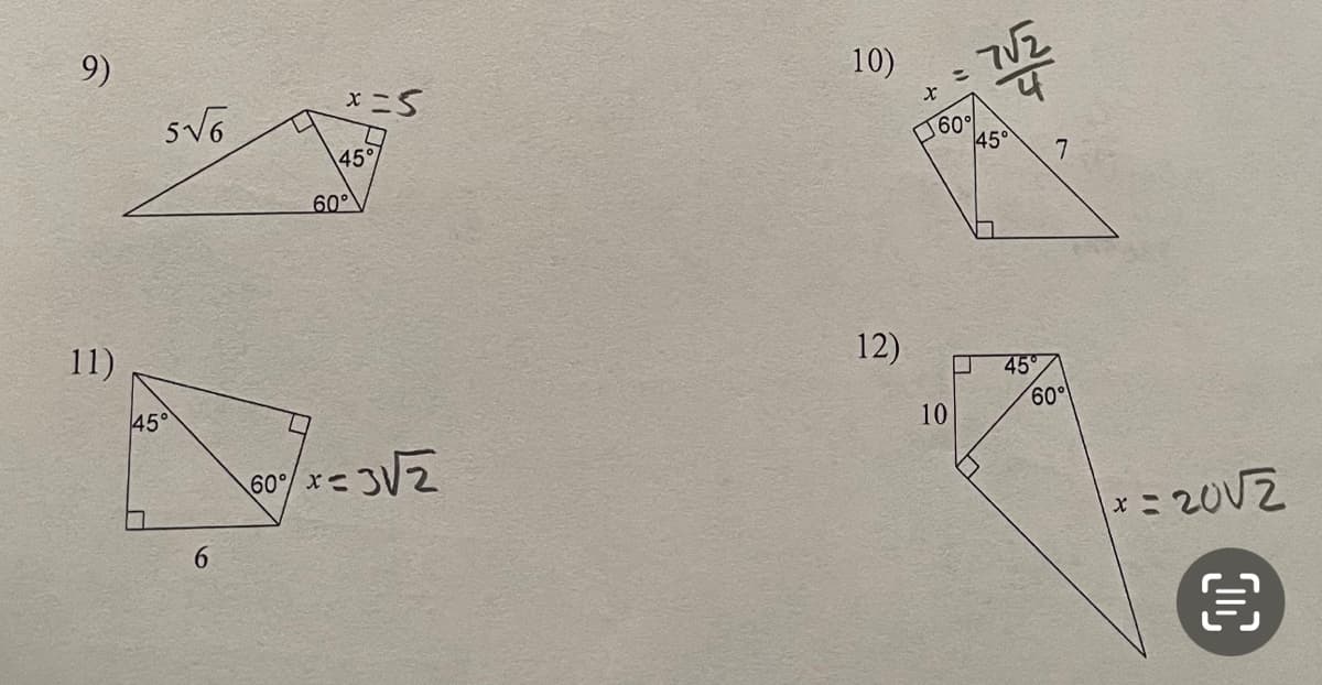 9)
11)
se
45°
6
x=5
45%
60°
60元/x=312
60°二
10)
12)
七
二
要
60%
10
45°
45
7
60°
11:2002
目