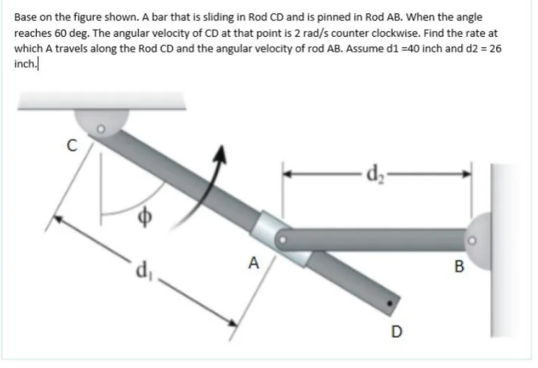 Base on the figure shown. A bar that is sliding in Rod CD and is pinned in Rod AB. When the angle
reaches 60 deg. The angular velocity of CD at that point is 2 rad/s counter clockwise. Find the rate at
which A travels along the Rod CD and the angular velocity of rod AB. Assume d1 =40 inch and d2 = 26
inch.
A
D
B.
