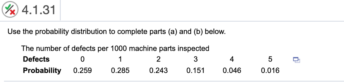 4.1.31
Use the probability distribution to complete parts (a) and (b) below.
The number of defects per 1000 machine parts inspected
Defects
1
2
3
4
5
Probability
0.259
0.285
0.243
0.151
0.046
0.016
