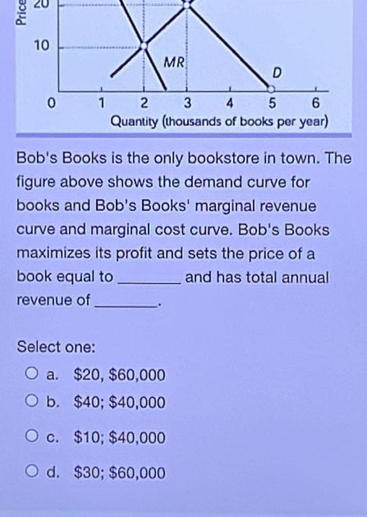 Price
10
0
MR
D
1 2
3
4
5
6
Quantity (thousands of books per year)
Bob's Books is the only bookstore in town. The
figure above shows the demand curve for
books and Bob's Books' marginal revenue
curve and marginal cost curve. Bob's Books
maximizes its profit and sets the price of a
book equal to
and has total annual
revenue of
Select one:
O a. $20, $60,000
O b.
$40; $40,000
O c.
$10; $40,000
O d. $30; $60,000