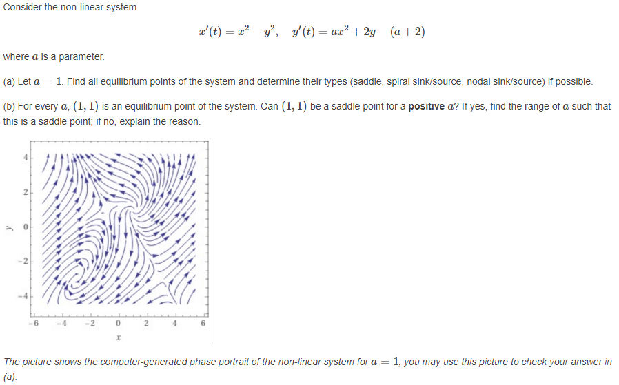 Consider the non-linear system
z' (t) = 2² – y², y' (t) = ax² + 2y – (a + 2)
where a is a parameter.
(a) Let a = 1. Find all equilibrium points of the system and determine their types (saddle, spiral sink/source, nodal sink/source) if possible.
(b) For every a, (1, 1) is an equilibrium point of the system. Can (1, 1) be a saddle point for a positive a? If yes, find the range of a such that
this is a saddle point; if no, explain the reason.
2
-2
-6
-4
-2 0
2
The picture shows the computer-generated phase portrait of the non-linear system for a =
1; you may use this picture to check your answer in
(a).
