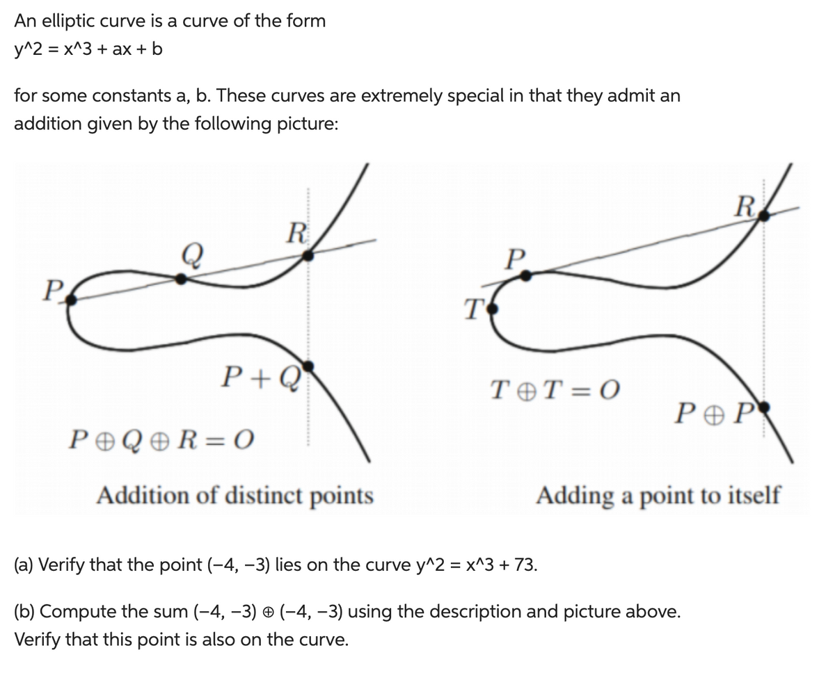 An elliptic curve is a curve of the form
y^2 = x^3 + ax + b
for some constants a, b. These curves are extremely special in that they admit an
addition given by the following picture:
P
R
P+Q
POQOR=0
Addition of distinct points
T
P
T&T=0
R
ΡΘΡ
Adding a point to itself
(a) Verify that the point (-4, -3) lies on the curve y^2 =x^3 + 73.
(b) Compute the sum (-4, −3) + (−4, −3) using the description and picture above.
Verify that this point is also on the curve.