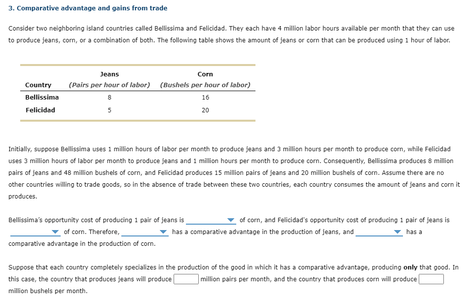 3. Comparative advantage and gains from trade
Consider two neighboring island countries called Bellissima and Felicidad. They each have 4 million labor hours available per month that they can use
to produce jeans, corn, or a combination of both. The following table shows the amount of jeans or corn that can be produced using 1 hour of labor.
Country
Bellissima
Felicidad
Jeans
Corn
(Pairs per hour of labor) (Bushels per hour of labor)
8
16
5
20
Initially, suppose Bellissima uses 1 million hours of labor per month to produce jeans and 3 million hours per month to produce corn, while Felicidad
uses 3 million hours of labor per month to produce jeans and 1 million hours per month to produce corn. Consequently, Bellissima produces 8 million
pairs of jeans and 48 million bushels of corn, and Felicidad produces 15 million pairs of jeans and 20 million bushels of corn. Assume there are no
other countries willing to trade goods, so in the absence of trade between these two countries, each country consumes the amount of jeans and corn it
produces.
of corn, and Felicidad's opportunity cost of producing 1 pair of jeans is
has a comparative advantage in the production of jeans, and
has a
Bellissima's opportunity cost of producing 1 pair of jeans is
of corn. Therefore,
comparative advantage in the production of corn.
Suppose that each country completely specializes in the production of the good in which it has a comparative advantage, producing only that good. In
this case, the country that produces jeans will produce
million pairs per month, and the country that produces corn will produce
million bushels per month.