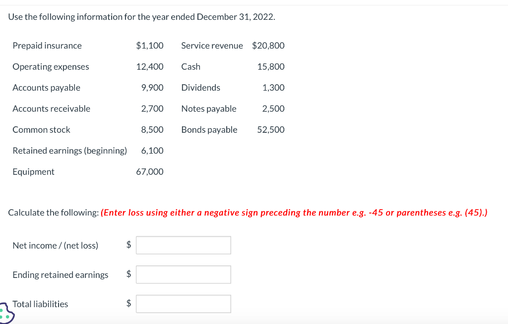 Use the following information for the year ended December 31, 2022.
Prepaid insurance
Operating expenses
Accounts payable
Accounts receivable
Common stock
Net income / (net loss)
Ending retained earnings
8,500
Retained earnings (beginning) 6,100
Equipment
67,000
Total liabilities
$
$1,100
$
12,400
$
9,900
2,700
Service revenue $20,800
Calculate the following: (Enter loss using either a negative sign preceding the number e.g. -45 or parentheses e.g. (45).)
Cash
Dividends
Notes payable
Bonds payable
15,800
1,300
2,500
52,500