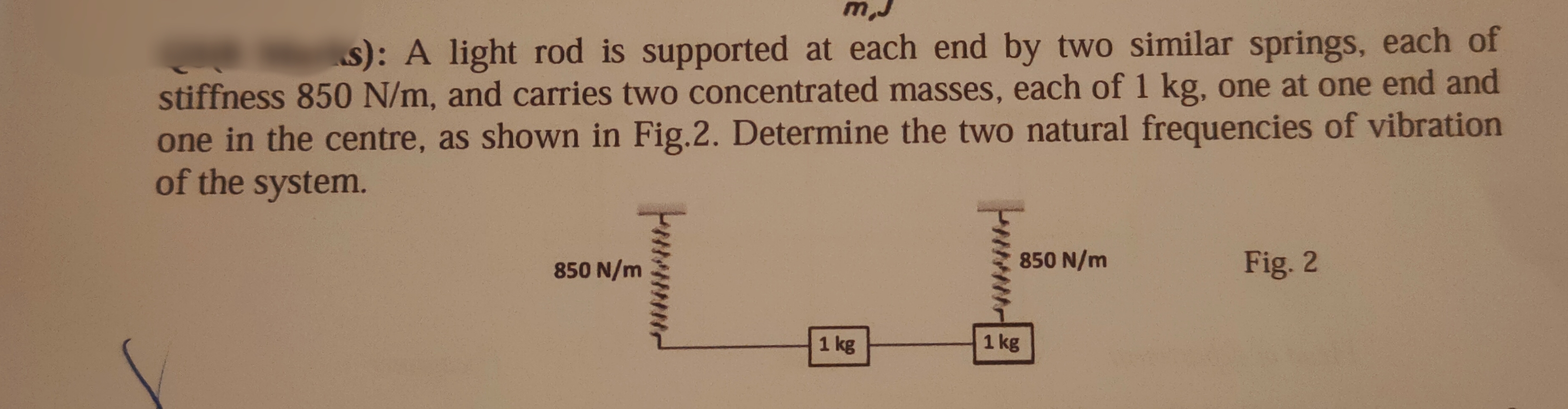 s): A light rod is supported at each end by two similar springs, each of
stiffness 850 N/m, and carries two concentrated masses, each of 1 kg, one at one end and
one in the centre, as shown in Fig.2. Determine the two natural frequencies of vibration
of the system.
Purw
850 N/m
1 kg
850 N/m
1 kg
Fig. 2