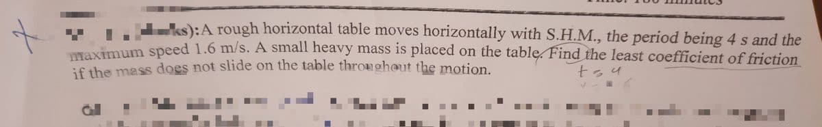 t
ks): A rough horizontal table moves horizontally with S.H.M., the period being 4 s and the
maximum speed 1.6 m/s. A small heavy mass is placed on the table. Find the least coefficient of friction
if the mass does not slide on the table throughout the motion.
t=4