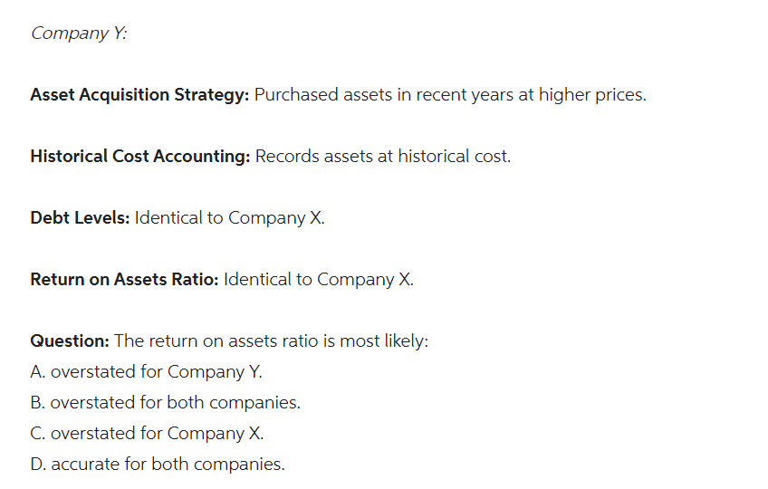 Company Y:
Asset Acquisition Strategy: Purchased assets in recent years at higher prices.
Historical Cost Accounting: Records assets at historical cost.
Debt Levels: Identical to Company X.
Return on Assets Ratio: Identical to Company X.
Question: The return on assets ratio is most likely:
A. overstated for Company Y.
B. overstated for both companies.
C. overstated for Company X.
D. accurate for both companies.