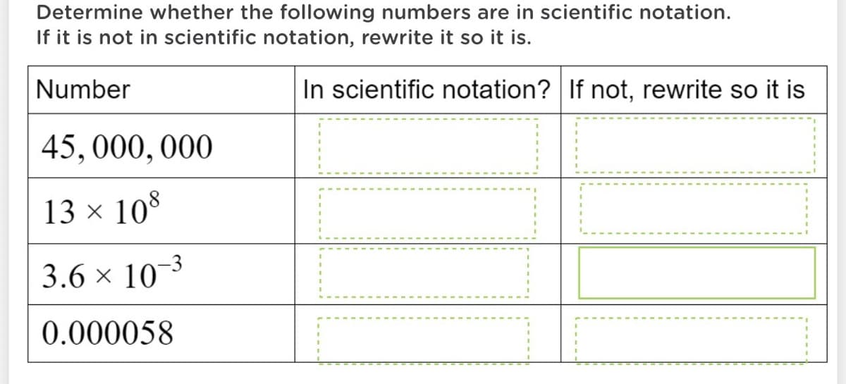 Determine whether the following numbers are in scientific notation.
If it is not in scientific notation, rewrite it so it is.
Number
In scientific notation? If not, rewrite so it is
45, 000, 000
13 x 108
3.6 × 10-3
0.000058
