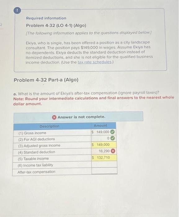 !
Required information
Problem 4-32 (LO 4-1) (Algo)
[The following information applies to the questions displayed below.]
Ekiya, who is single, has been offered a position as a city landscape
consultant. The position pays $149,000 in wages. Assume Ekiya has
no dependents. Ekiya deducts the standard deduction instead of
itemized deductions, and she is not eligible for the qualified business
income deduction. (Use the tax rate schedules.)
Problem 4-32 Part-a (Algo)
a. What is the amount of Ekiya's after-tax compensation (ignore payroll taxes)?
Note: Round your intermediate calculations and final answers to the nearest whole
dollar amount.
Answer is not complete.
Description
(1) Gross income
(2) For AGI deductions
(3) Adjusted gross income
(4) Standard deduction
(5) Taxable income
(6) Income tax liability
After-tax compensation
Amount
$ 149,000
0
$ 149,000
16,290
$ 132,710