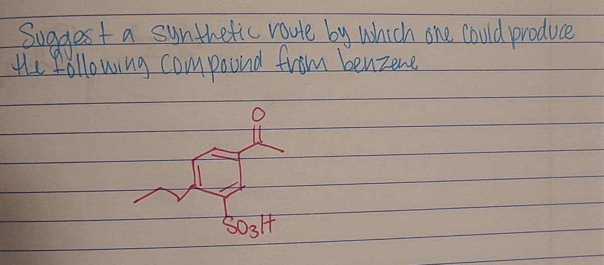 Suggest a synthetic route by which one could produce
the following compound from benzene
SO3 H