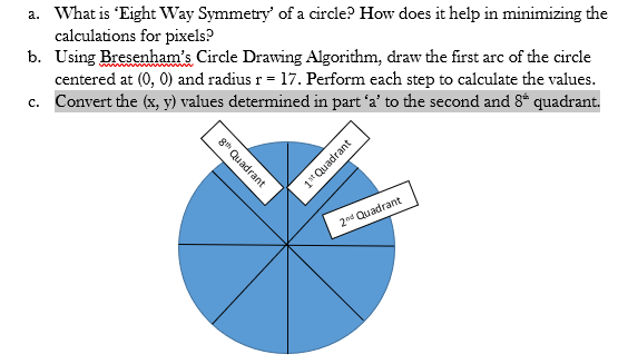 a. What is 'Eight Way Symmetry' of a circle? How does it help in minimizing the
centered at (0, 0) and radius r = 17. Perform each step to calculate the values.
c. Convert the (x, y) values determined in part 'a' to the second and 8* quadrant.
calculations for pixels?
b. Using Bresenham's Circle Drawing Algorithm, draw the first arc of the circle
1*Quadrant
2d Quadrant
8th Quadrant
