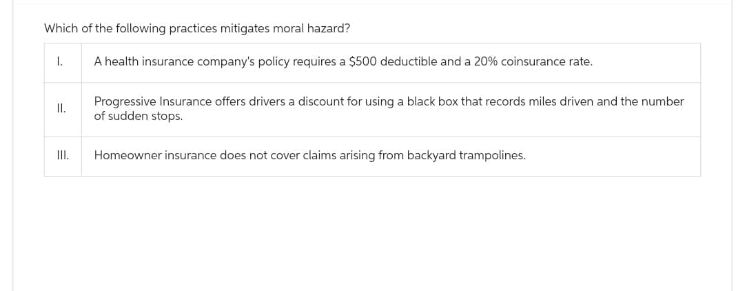 Which of the following practices mitigates moral hazard?
I.
II.
III.
A health insurance company's policy requires a $500 deductible and a 20% coinsurance rate.
Progressive Insurance offers drivers a discount for using a black box that records miles driven and the number
of sudden stops.
Homeowner insurance does not cover claims arising from backyard trampolines.