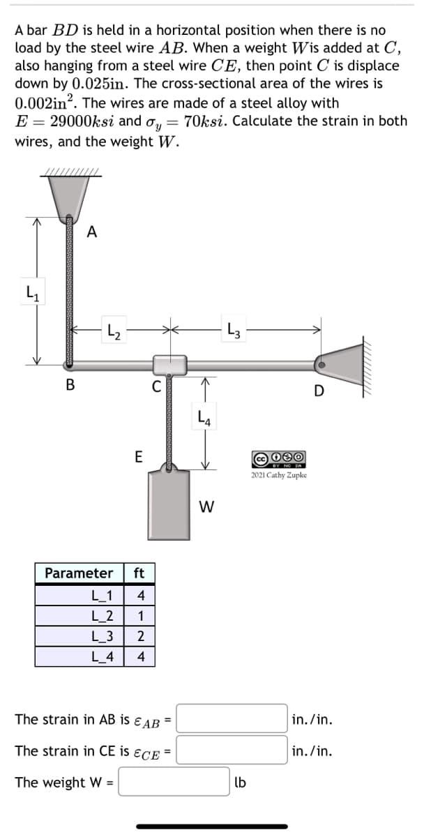 A bar BD is held in a horizontal position when there is no
load by the steel wire AB. When a weight Wis added at C,
also hanging from a steel wire CE, then point C is displace
down by 0.025in. The cross-sectional area of the wires is
0.002in². The wires are made of a steel alloy with
E = 29000ksi and oy = 70ksi. Calculate the strain in both
wires, and the weight W.
4₁
B
A
E
Parameter ft
L_1
4
L_2 1
L_3 2
L_4 4
C
The strain in AB is € AB =
The strain in CE is ECE =
The weight W =
W
lb
cc 080
BY NO SA
2021 Cathy Zupke
D
in./in.
in./in.