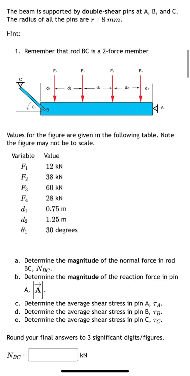 The beam is supported by double-shear pins at A, B, and C.
The radius of all the pins are r = 8 mm.
Hint:
1. Remember that rod BC is a 2-force member
0₁
Variable
F₁
F2
F3
F₁
d₁
d₂
0₁
d₁
NBC
OB
=
F₁
d2
Value
F₂
12 KN
38 KN
60 KN
28 KN
0.75 m
1.25 m
30 degrees
Values for the figure are given in the following table. Note
the figure may not be to scale.
d2
F₁
dz
KN
F₁
a. Determine the magnitude of the normal force in rod
BC, NBC.
b.
Determine the magnitude of the reaction force in pin
A, A
c. Determine the average shear stress in pin A, TA.
d. Determine the average shear stress in pin B, TB.
e. Determine the average shear stress in pin C, TC.
d₁
Round your final answers to 3 significant digits/figures.