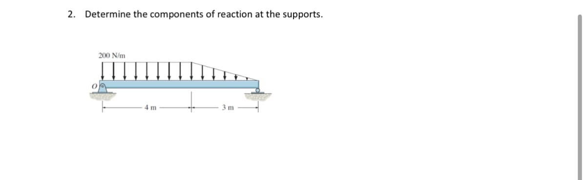 2. Determine the components of reaction at the supports.
200 N/m
4 m
3 m