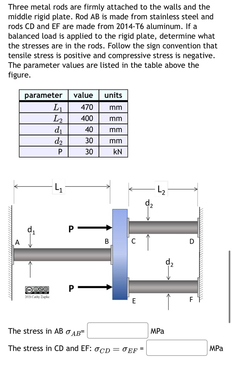 Three metal rods are firmly attached to the walls and the
middle rigid plate. Rod AB is made from stainless steel and
rods CD and EF are made from 2014-T6 aluminum. If a
balanced load is applied to the rigid plate, determine what
the stresses are in the rods. Follow the sign convention that
tensile stress is positive and compressive stress is negative.
The parameter values are listed in the table above the
figure.
A
parameter value units
470 mm
400
mm
40
mm
30
mm
30
KN
cc 080
BY NO SA
2021 Cathy Zupke
L₁
L2
d₁
d₂
P
4₁
B
C
E
The stress in AB σAB=
The stress in CD and EF: OCD = EF=
d₂
L₂
MPa
D
F
MPa