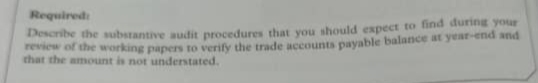 Required
eview of the working papers to verify the trade accounts payable balance at year-end and
that the amount is not understated.
escribe the substantive audit procedures that you should expect to find during your
