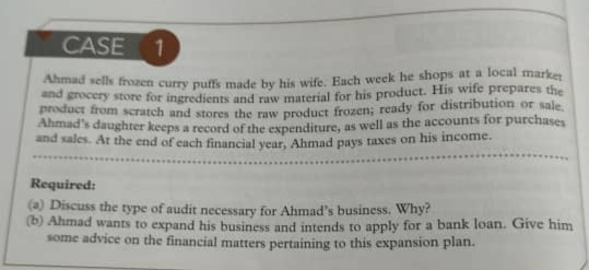 CASE
Anmad sells frozen curry puffs made hy his wife. Each week he shops at a local market
grocery store for ingredients and raw material for his product. His wite prepares the
product from scratch and stores the raw product frozen; ready for distribution or sale.
Ahmad's daughter keeps a record of the expenditure, as well as the accounts for purchases
and sales. At the end of each financial vear. Ahmad pays taxes on his income.
Required:
(a) Discuss the type of audit necessary for Ahmad's business. Why?
(b) Ahmad wants to expand his business and intends to apply for a bank loan. Give him
some advice on the financial matters pertaining to this expansion plan.
