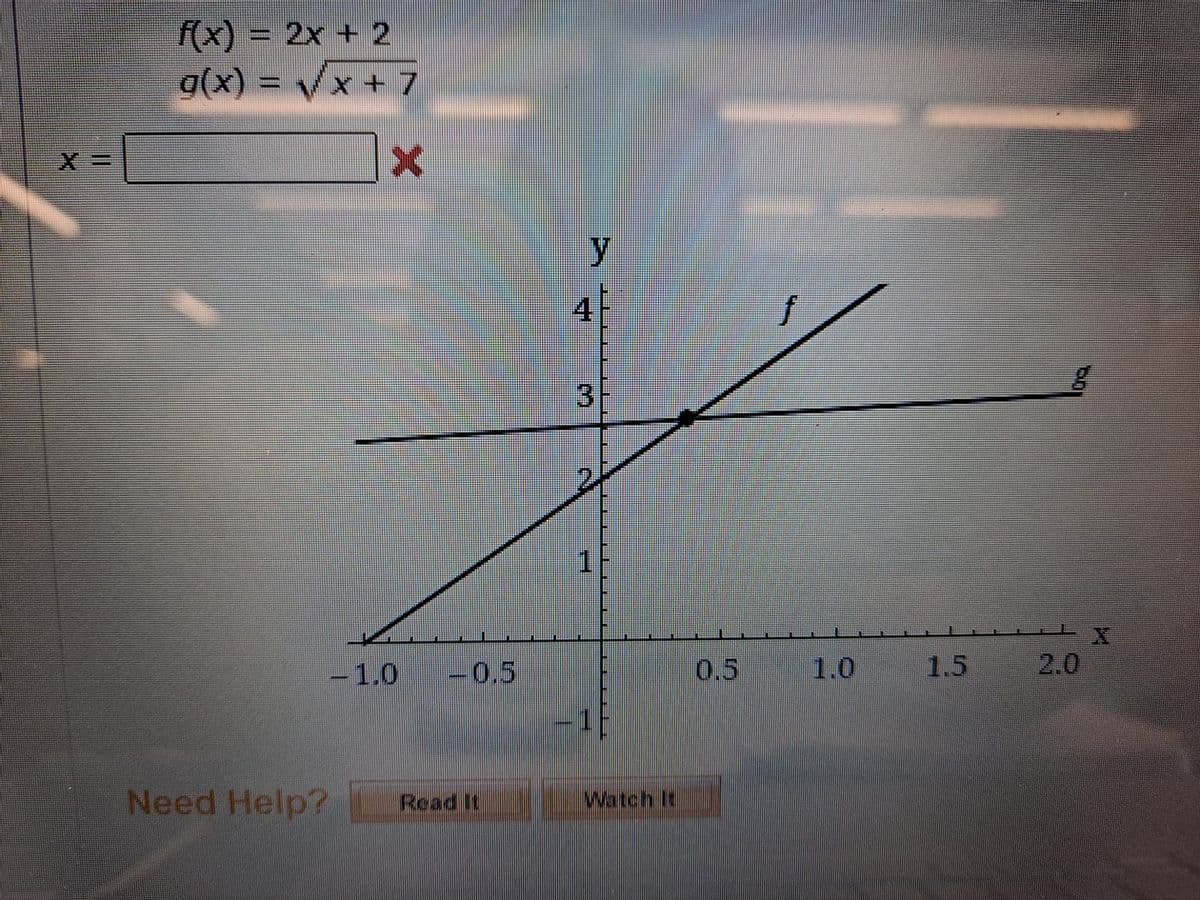 f(x) = 2x + 2
g(x) = Vx ++ 7
X3=
4
-1.0
-0.5
0.5
1.0
1.5
2.0
Need Help?
Read It
Watch It
