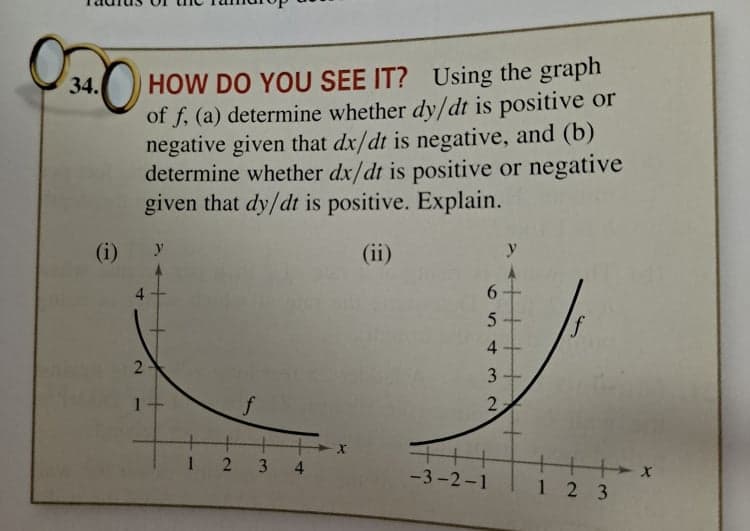 HOW DO YOU SEE IT? Using the graph
of f, (a) determine whether dy/dt is positive or
negative given that dx/dt is negative, and (b)
determine whether dx/dt is positive or negative
given that dy/dt is positive. Explain.
34.
(i) y
(ii)
y
4
1
f
-3 -2 -1
123
4.
3.
2.
4.
2.
