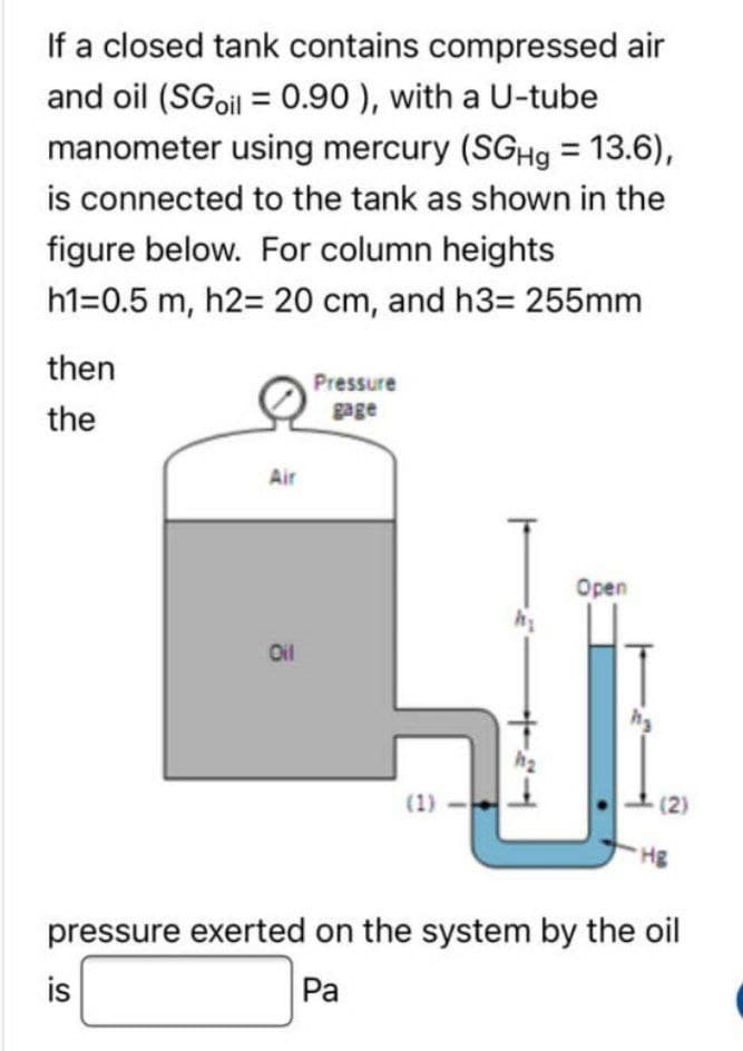 If a closed tank contains compressed air
and oil (SGoil = 0.90), with a U-tube
manometer using mercury (SGHg = 13.6),
is connected to the tank as shown in the
figure below. For column heights
h1=0.5 m, h2= 20 cm, and h3= 255mm
then
the
Air
is
Oil
Pressure
gage
(1)
+1
Open
(2)
Hg
pressure exerted on the system by the oil
Pa