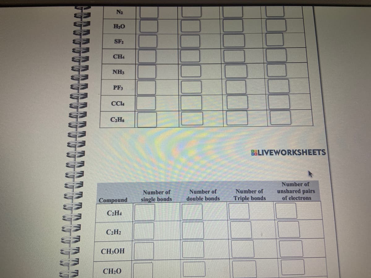 T
N₂
H₂O
SF₂
CH4
NH3
PF3
CCl4
C₂H6
Number of
Compound single bonds
C₂H4
C₂H2
CH3OH
CH₂O
Number of
double bonds
BBLIVEWORKSHEETS
Number of
Triple bonds
Number of
unshared pairs
of electrons