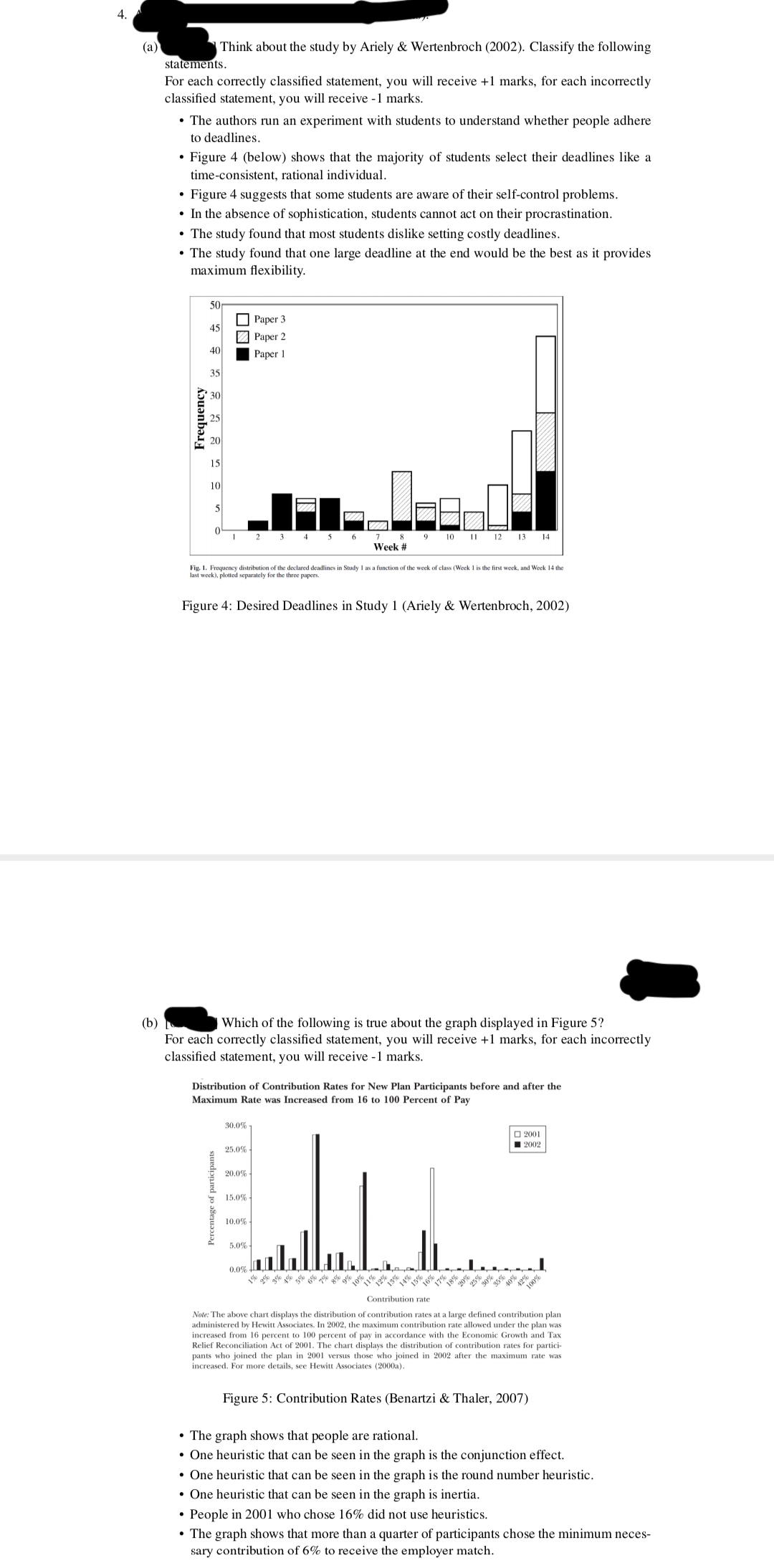 4.
(a)
Think about the study by Ariely & Wertenbroch (2002). Classify the following
statements.
For each correctly classified statement, you will receive +1 marks, for each incorrectly
classified statement, you will receive -1 marks.
• The authors run an experiment with students to understand whether people adhere
to deadlines.
• Figure 4 (below) shows that the majority of students select their deadlines like a
time-consistent, rational individual.
Figure 4 suggests that some students are aware of their self-control problems.
• In the absence of sophistication, students cannot act on their procrastination.
• The study found that most students dislike setting costly deadlines.
• The study found that one large deadline at the end would be the best as it provides
maximum flexibility.
●
Frequency
50
45
40
35
30
25
20
15
10
5
1
Percentage of participants
30.0%
25.0%
20.0%
Paper 3
Paper 2
Paper 1
15.0%
2
10.0%-
5.0%
3
Fig. 1. Frequency distribution of the declared deadlines in Study I as a function of the week of class (Week 1 is the first week, and Week 14 the
last week), plotted separately for the three papers.
Figure 4: Desired Deadlines in Study 1 (Ariely & Wertenbroch, 2002)
0.0%
4
(b)
Which of the following is true about the graph displayed in Figure 5?
For each correctly classified statement, you will receive +1 marks, for each incorrectly
classified statement, you will receive -1 marks.
5
Distribution of Contribution Rates for New Plan Participants before and after the
Maximum Rate was Increased from 16 to 100 Percent of Pay
6
8
Week #
9
10 11 12
13 14
☐2001
■2002
Contribution rate
Note: The above chart displays the distribution of contribution rates at a large defined contribution plan
administered by Hewitt Associates. In 2002, the maximum contribution rate allowed under the plan was
increased from 16 percent to 100 percent of pay in accordance with the Economic Growth and Tax
Relief Reconciliation Act of 2001. The chart displays the distribution of contribution rates for partici-
pants who joined the plan in 2001 versus those who joined in 2002 after the maximum rate was
increased. For more details, see Hewitt Associates (2000a).
Figure 5: Contribution Rates (Benartzi & Thaler, 2007)
• The graph shows that people are rational.
• One heuristic that can be seen in the graph is the conjunction effect.
• One heuristic that can be seen in the graph is the round number heuristic.
• One heuristic that can be seen in the graph is inertia.
• People in 2001 who chose 16% did not use heuristics.
• The graph shows that more than a quarter of participants chose the minimum neces-
sary contribution of 6% to receive the employer match.