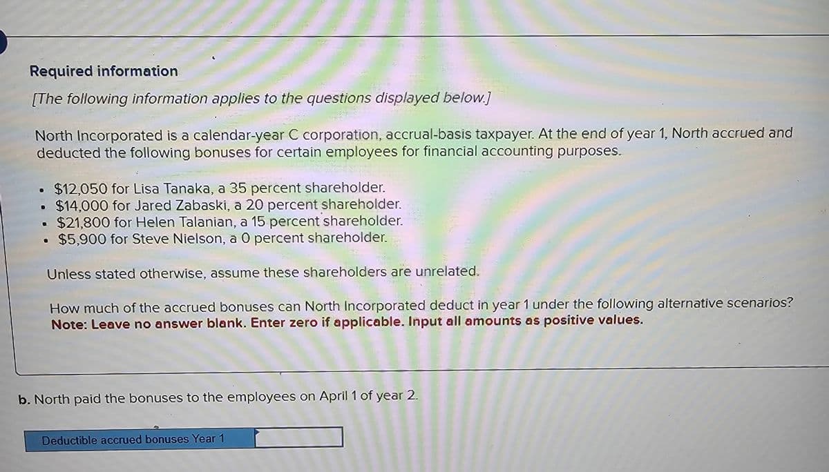 Required information
[The following information applies to the questions displayed below.]
North Incorporated is a calendar-year C corporation, accrual-basis taxpayer. At the end of year 1, North accrued and
deducted the following bonuses for certain employees for financial accounting purposes.
• $12,050 for Lisa Tanaka, a 35 percent shareholder.
D
$14,000 for Jared Zabaski, a 20 percent shareholder.
⚫ $21,800 for Helen Talanian, a 15 percent shareholder.
• $5,900 for Steve Nielson, a O percent shareholder.
Unless stated otherwise, assume these shareholders are unrelated.
How much of the accrued bonuses can North Incorporated deduct in year 1 under the following alternative scenarios?
Note: Leave no answer blank. Enter zero if applicable. Input all amounts as positive values.
b. North paid the bonuses to the employees on April 1 of year 2.
Deductible accrued bonuses Year 1