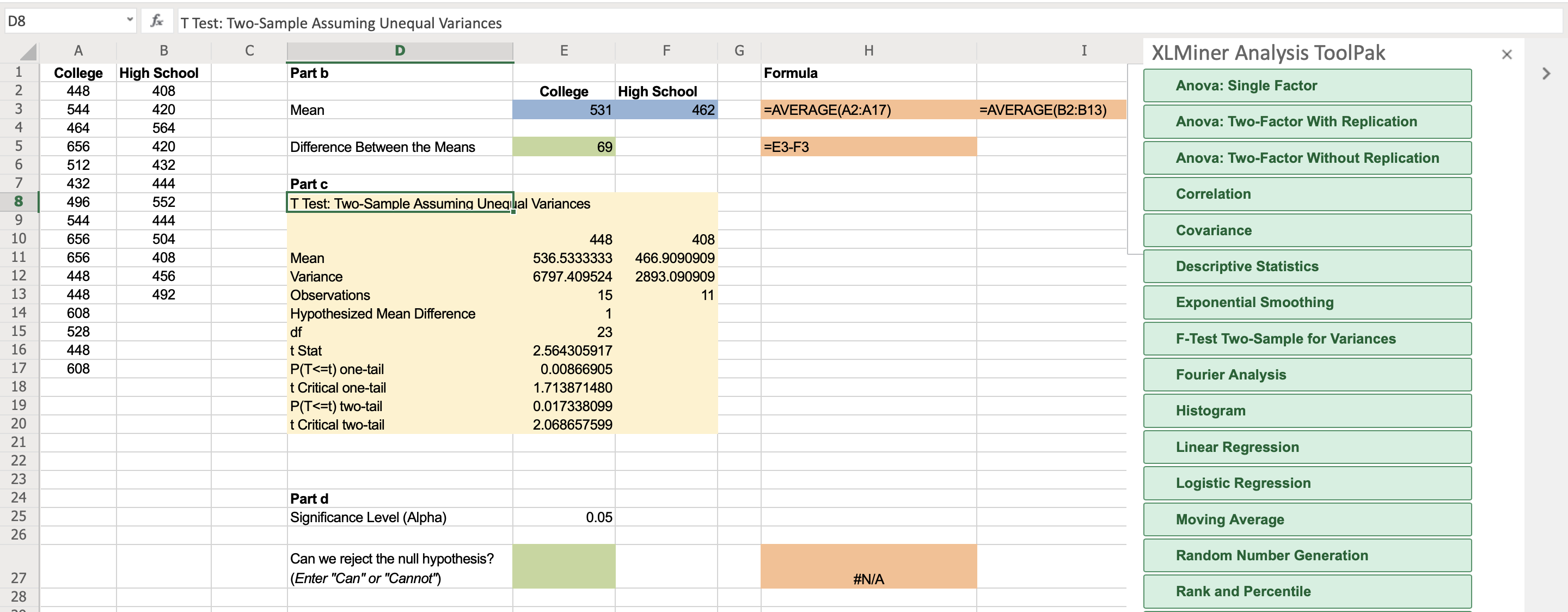 D8
fe
T Test: Two-Sample Assuming Unequal Variances
XLMiner Analysis ToolPak
A
Н
College High School
Part b
Formula
High School
Anova: Single Factor
448
408
College
544
420
Mean
531
462
=AVERAGE(A2:A17)
=AVERAGE(B2:B13)
Anova: Two-Factor With Replication
464
564
656
420
Difference Between the Means
69
3ЕЗ-F3
Anova: Two-Factor Without Replication
512
432
Part c
T Test: Two-Sample Assuming Unequal Variances
432
444
Correlation
8.
496
552
9.
544
444
Covariance
10
656
504
448
408
11
656
408
Mean
536.5333333
466.9090909
Descriptive Statistics
12
448
456
Variance
6797.409524
2893.090909
13
448
492
Observations
15
11
Exponential Smoothing
14
608
Hypothesized Mean Difference
15
528
df
t Stat
P(T<=t) one-tail
t Critical one-tail
P(T<=t) two-tail
t Critical two-tail
23
F-Test Two-Sample for Variances
16
448
2.564305917
17
608
0.00866905
Fourier Analysis
18
1.713871480
19
0.017338099
Histogram
20
2.068657599
21
Linear Regression
22
23
Logistic Regression
24
Part d
25
Significance Level (Alpha)
0.05
Moving Average
26
Can we reject the null hypothesis?
|(Enter "Can" or "Cannot")
Random Number Generation
27
#N/A
Rank and Percentile
28
